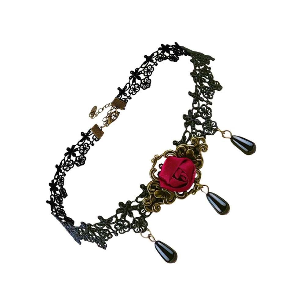 

Red Rose Necklace Masquerade Victorian Collar Romantic Halloween Choker Chains Resin Drill Artificial Flower Gothic