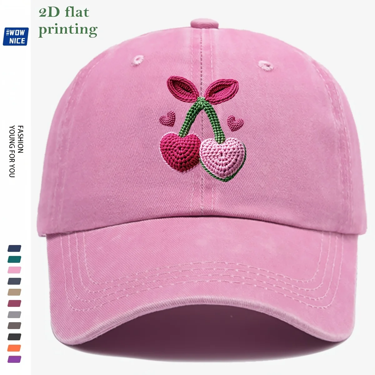 1pc Three-Dimensional Flat Iron-On Cherry Baseball Cap, Crocheted Pink-Purple Heart Cherries with Green Leaf Vines, Accented wit