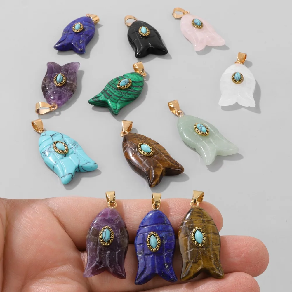 2pcs/pack Natural Carved Fish Stone Pendants Inlay Evil Eye Gems Pendant Charm For Fashion Jewelry Making Necklace Earrings DIY