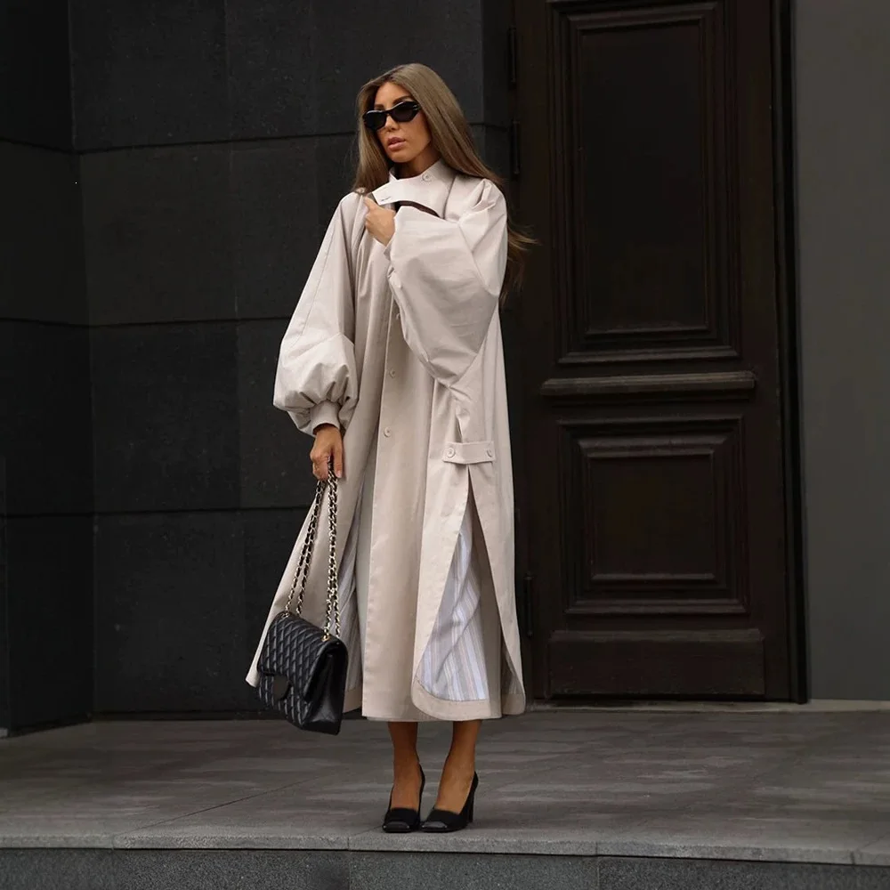 Autumn Long Trench Coat Stand Collar Button Batwing Sleeves Side Slit Oversized Jacket Chic High Street Windproof Outfit