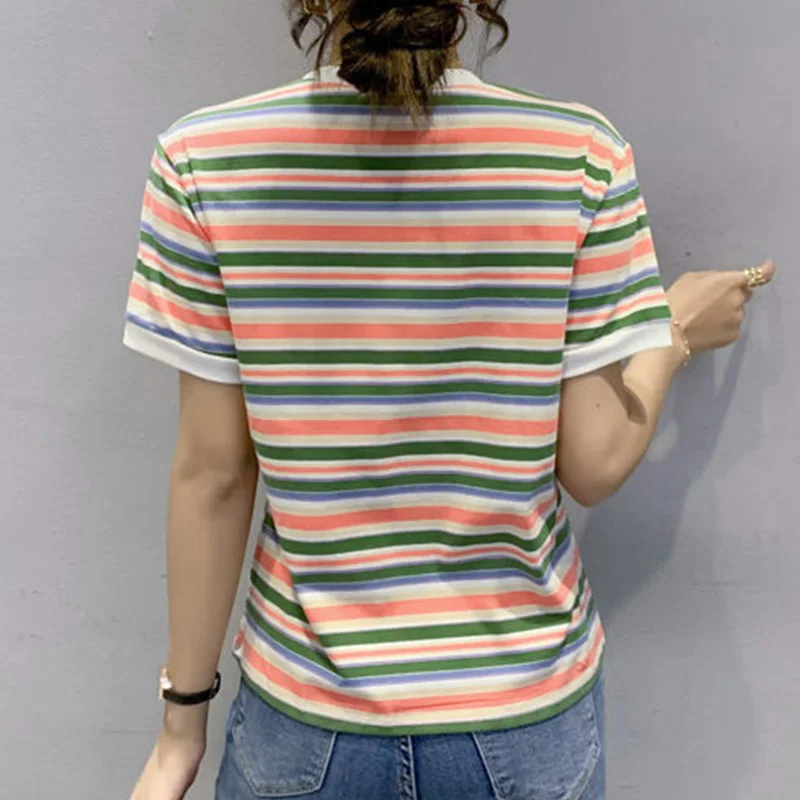 Summer Clothes for Women Multicolour Striped Printing Pullover T-Shirt Casual Round Neck 100% Cotton Short Sleeve Loose Tops