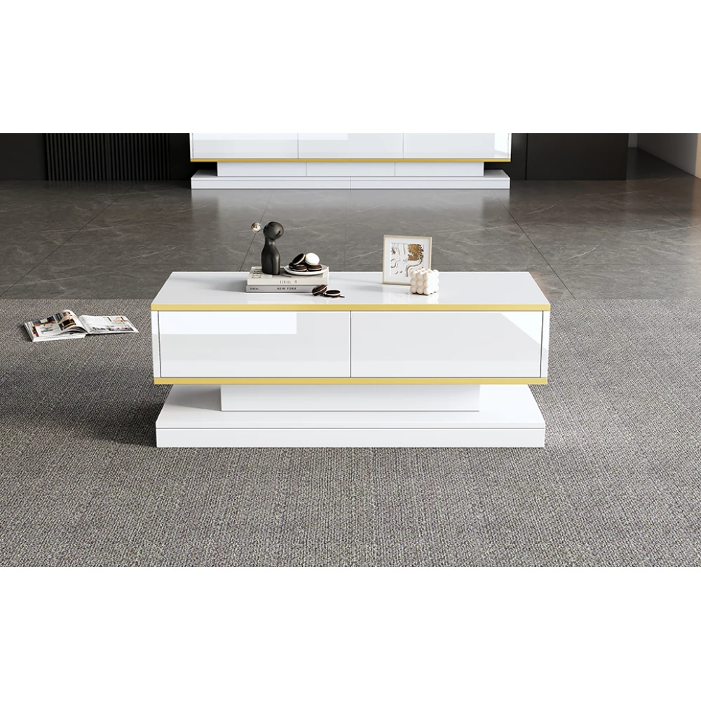 Moderner TV-Ständer mit 3 Schubladen, warmweißes Lowboard, goldener Rand, Wohnzimmer-Aufbewahrungsschrank – Detail 36
