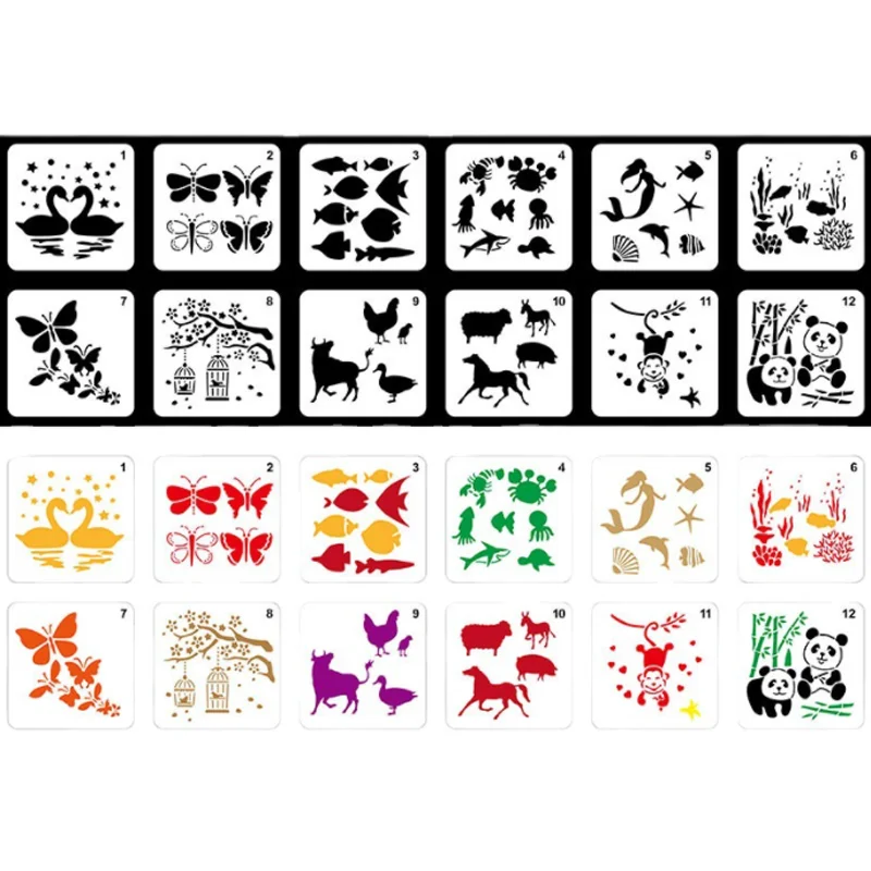 12pcs Cartoon Animal Series DIY Layering Stencil Wall Painting Scrapbook Coloring Embossing Album Decorative Paper Card Template