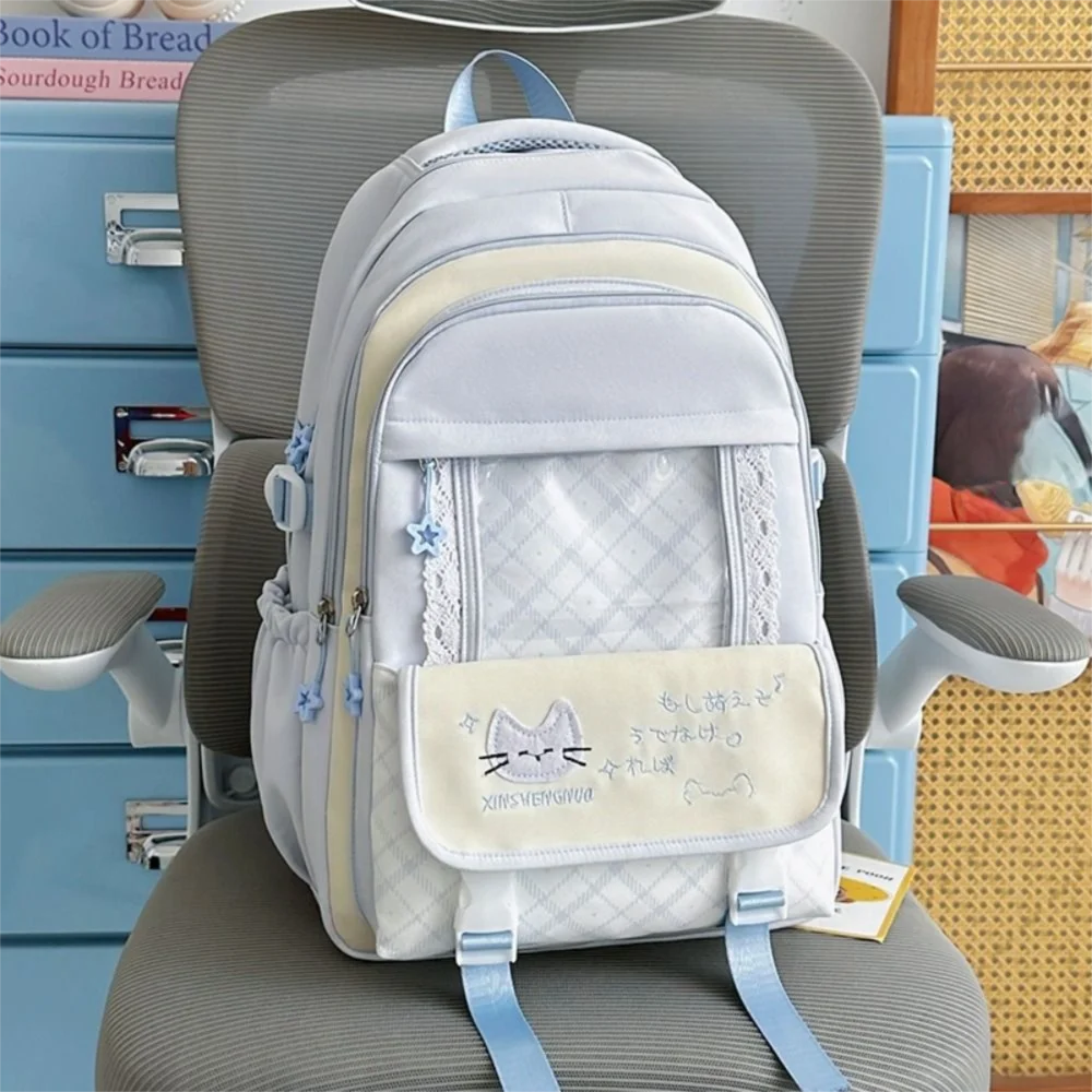 Nylon Hollow Lace Backpack Preppy Style Color-blocked Large Capacity School Bag Transparent Durable Cat Plaid Backpack School