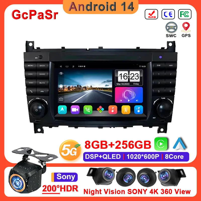 7 Inch Auto Radio Android 14 Car For Mercedes-Benz W203 W209 W219 A-Class A160 C-Class C200 CLK200 High-performance CPU No 2din