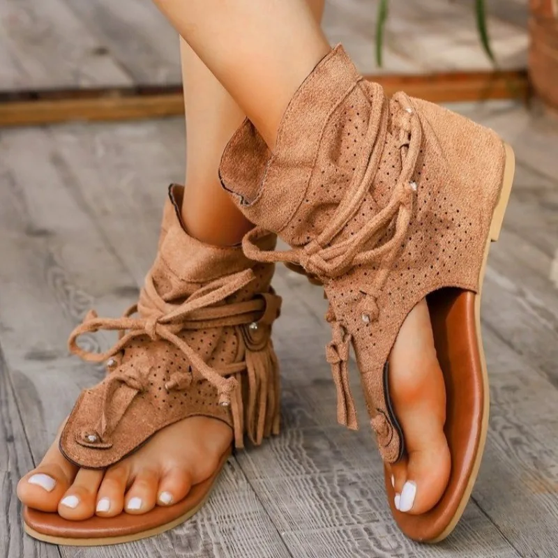 

Women's Sandals European American Retro Flat Bottom Tassel Hollow Toe Womens Sandals Fashion High-top Cool Boots Sandalias Mujer