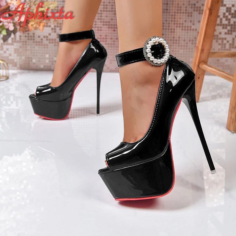 Aphixta Summer Luxury Crystals Pearl 2cm Belt Buckle Peep Toe Catwalk Show 6.3in Stiletto Heels Platform Shoes Large Size 35-50