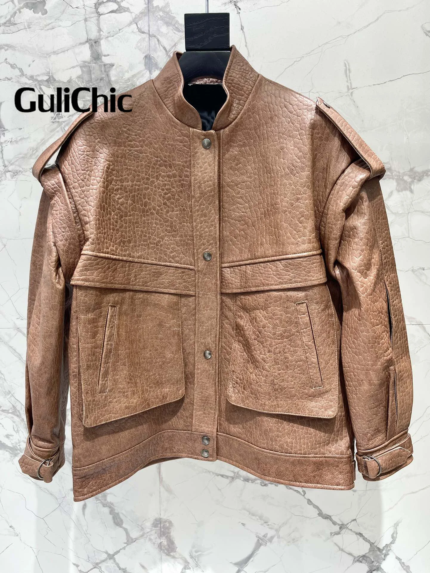 8.14 GuliChic Women\'s High Quality Fashion Design Stand Collar Vintage Genuine Leather Loose Pocket Jacket Coat