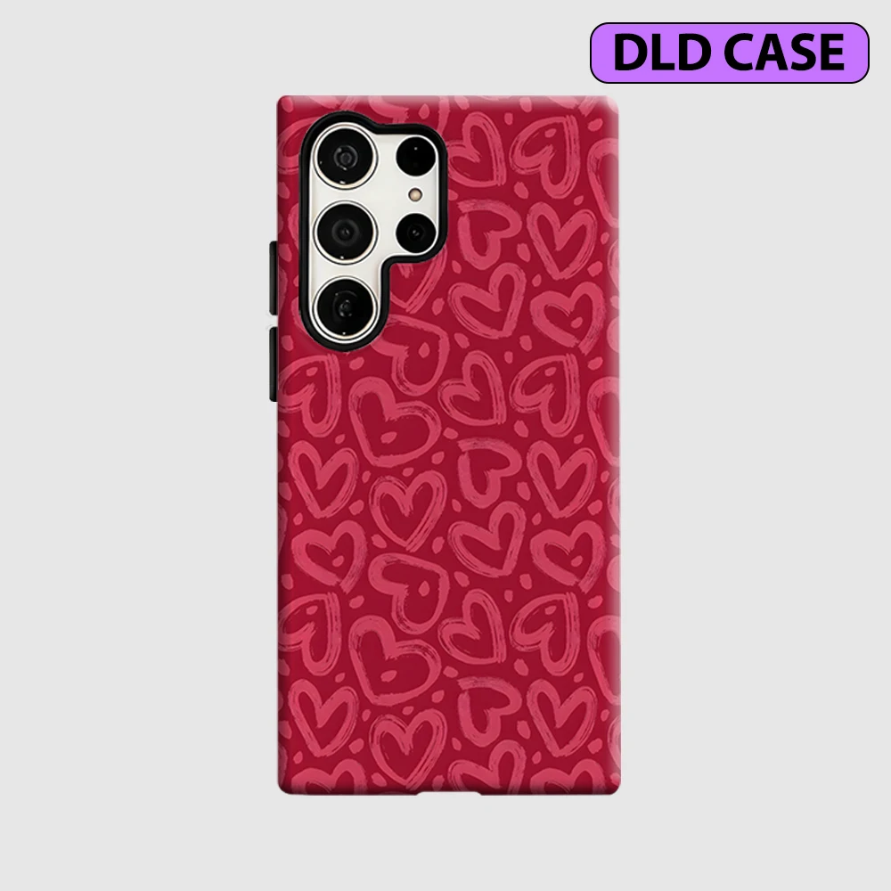 Pink Heart Doodle Phone Case for Samsung Galaxy S26 S25 Ultra S24 S23 Ultra Plus Shockproof Double Layer Tough Back Cover