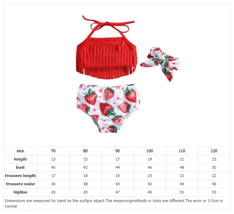 Icey Strawberry Print Girl Baby Girl Red Tassel Suspender 3-piece Set Split Swimsuit Hot Spring Beach Swimsuit