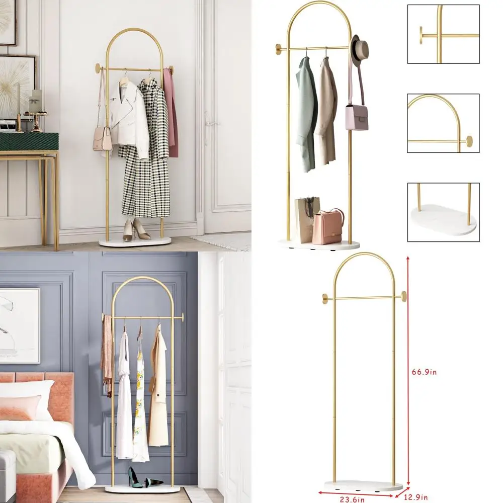 رف ملابس ذهبي قائم بذاته مع أرفف وقاعدة رخامية وحامل مظلة #1