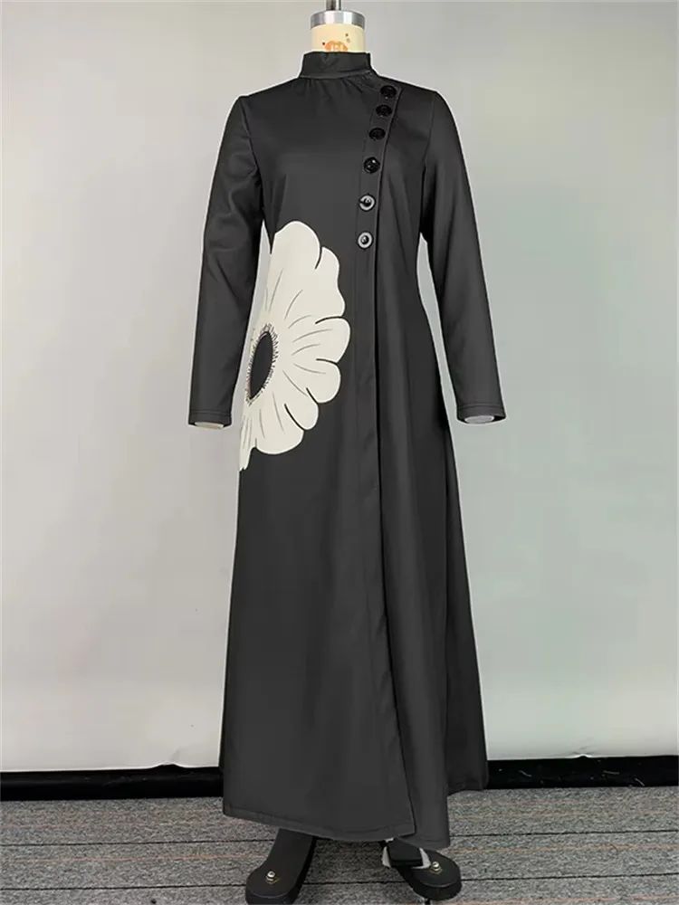 UOOZEE Women Fashion Flower Print Elegant Party Evening Midi Dresses Long Sleeves High Neck Black A-Line Dress 2024 New Autumn