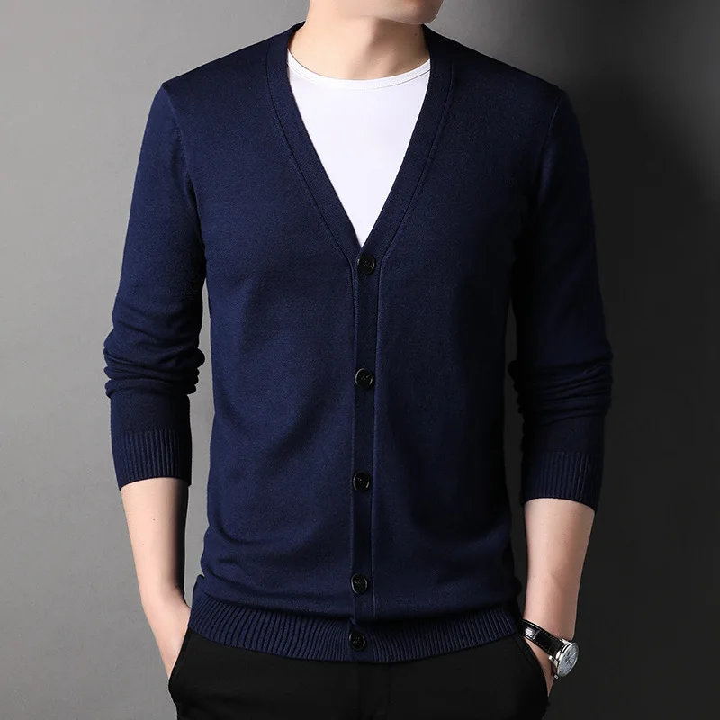 

2023 Autumn and Winter Men's Solid V-neck Long Sleeve Pullover Knitted Cardigan Sweater Fashion Casual Commuter Formal Coat Tops