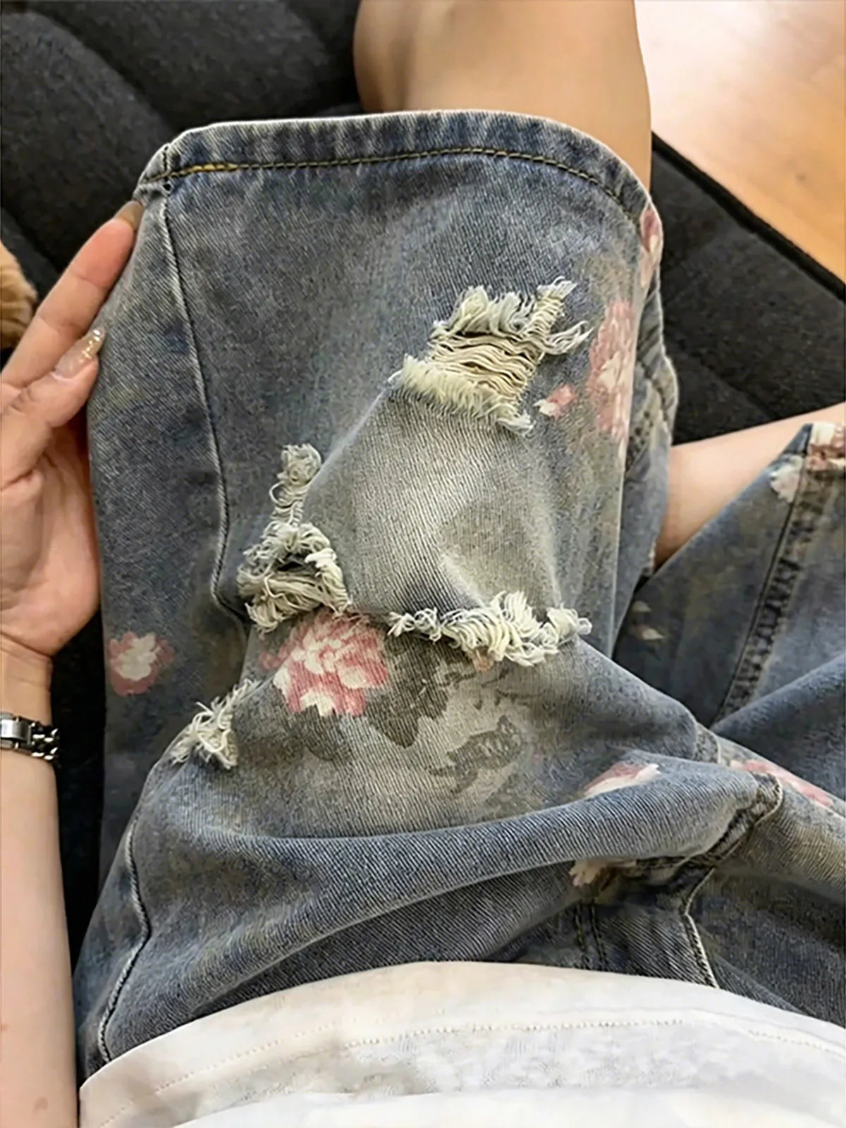 Retro Blue Floral Print Loose Fit Jeans Shorts for Men Washed Denim Pants Casual Straight Leg Summer Fashion Youth Style