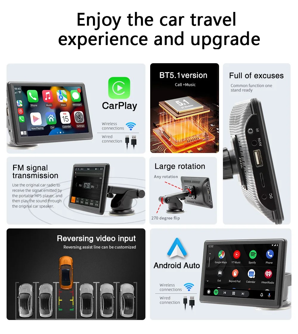 Bqcc 7 "hd ips tela portátil carro mp5 player mirrorlink sem fio carplay android auto bt fm estéreo do carro usb wifi rádio do veículo