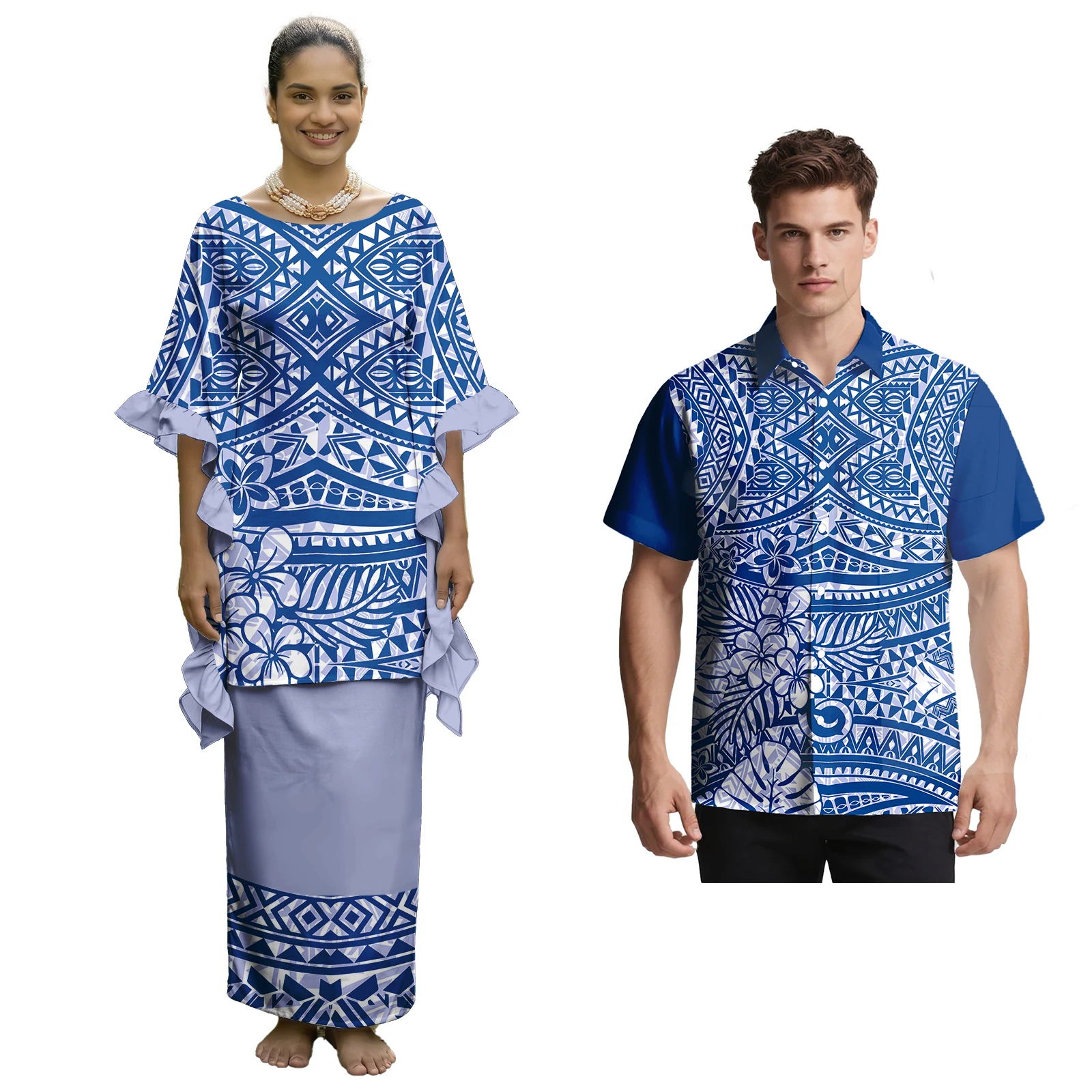 Unisex Clothes Custom Hawaii Men Shirts Polynesian Ruffled Sleeve Women Puletasi 2pc Set Samoan Tribal Style Church Couple Suit