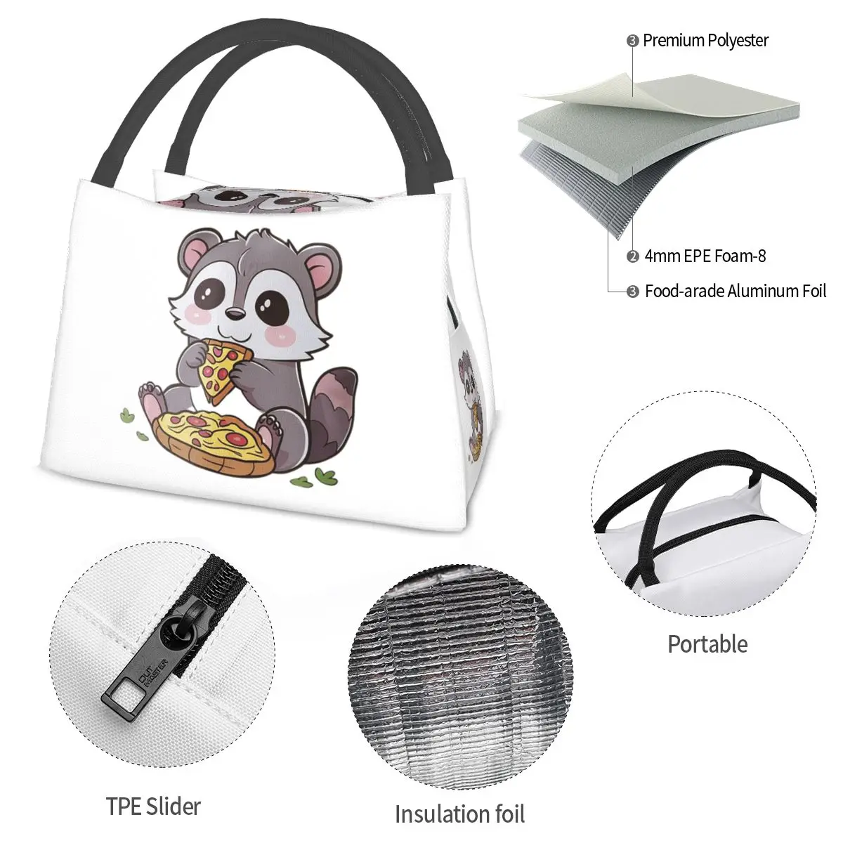 Niedliche Waschbär-Ess-Pizza-Aufkleber, Lunch-Taschen, isolierte Bento-Box, Lunch-Tasche, Picknick-Taschen, Thermotasche für Frau, Studenten, Schule