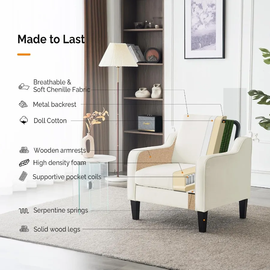 منتصف القرن كراسي لهجة الحديثة لغرفة المعيشة كريم أبيض مريح كرسي القراءة كراسي أريكة الشنيل الناعمة ذراع جانبي منجد