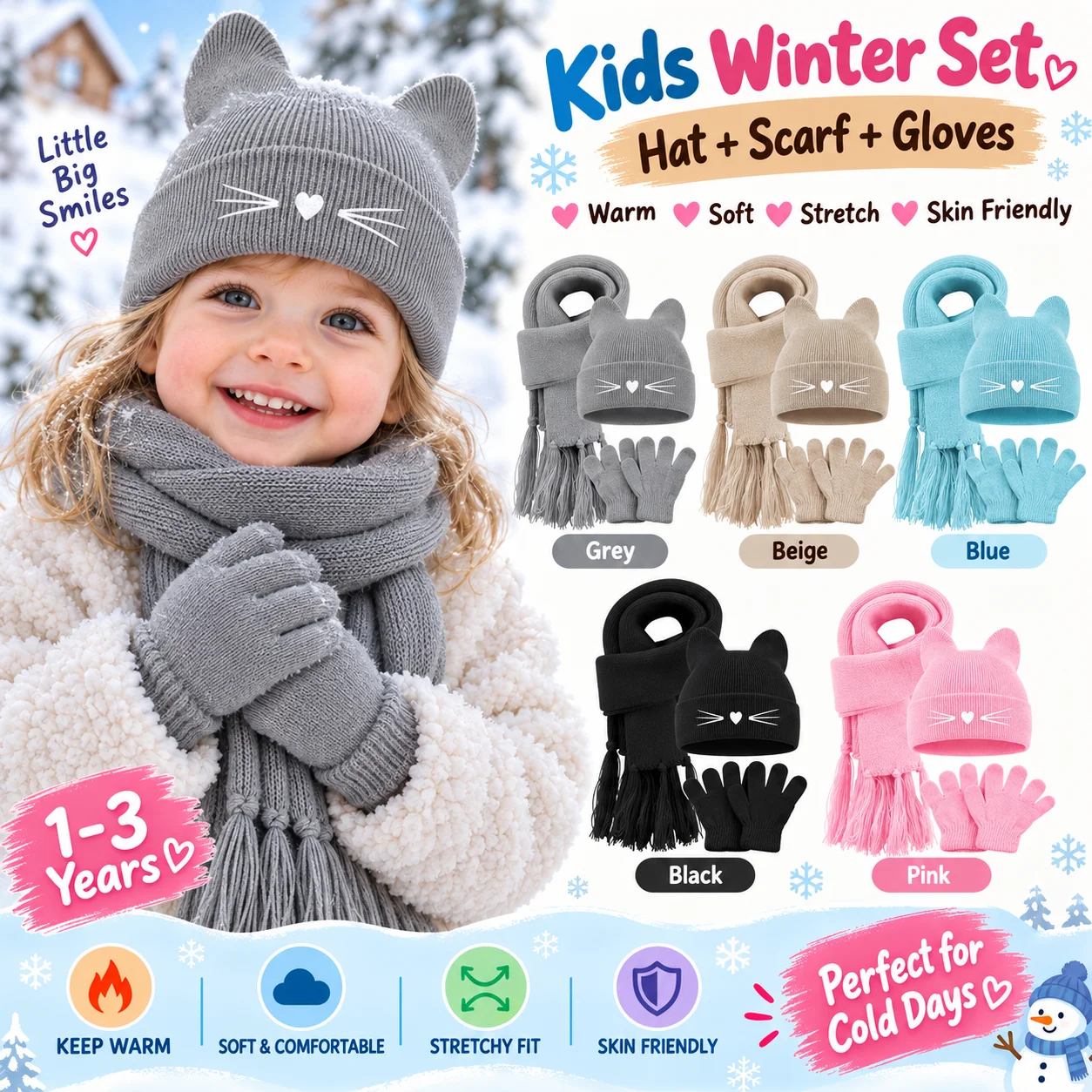 Kids Outdoor Gloves - Toddler 1-3 Years Cute Soft Knitted