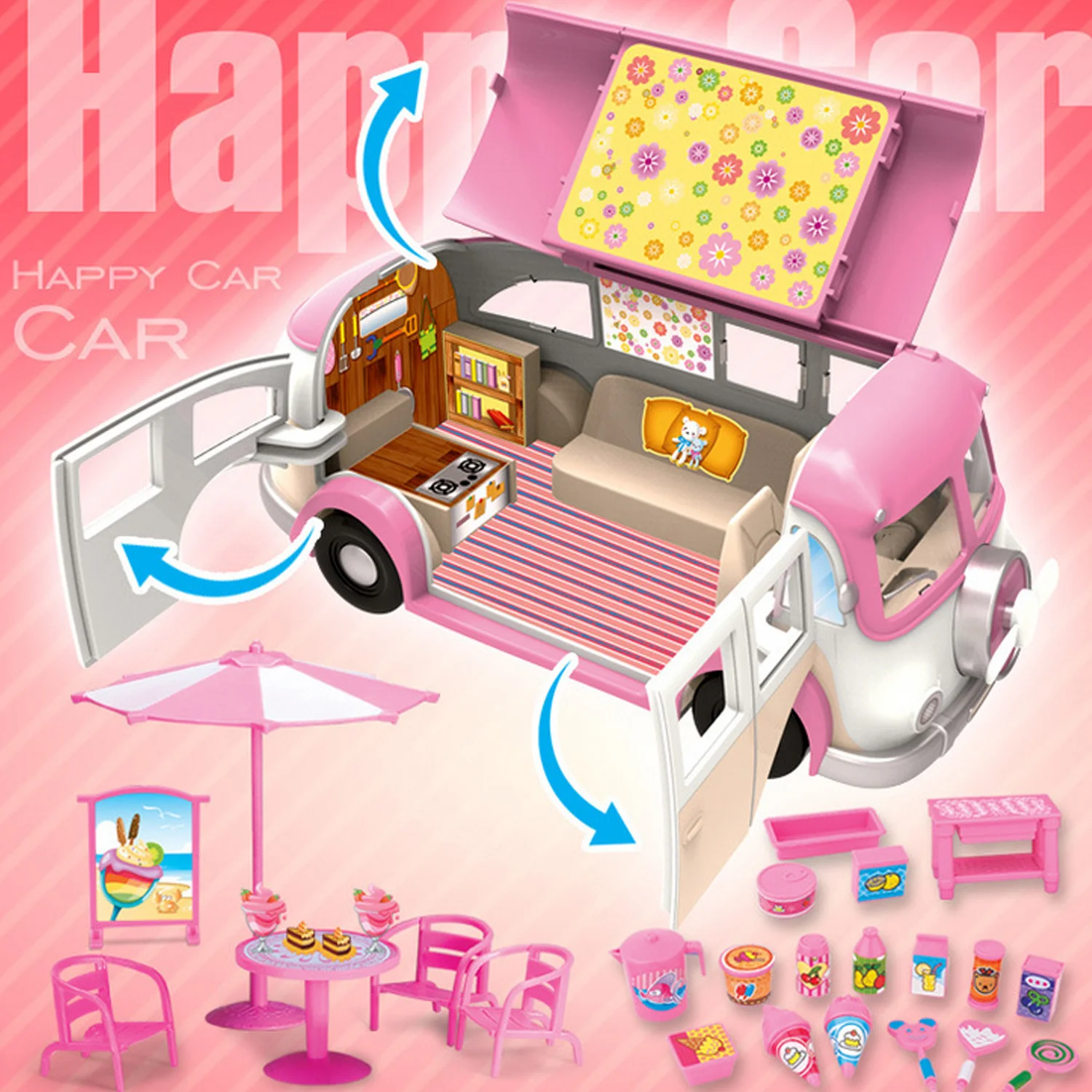 Kids Cute Mini Camper Car Simulation Plastic Pink Motorhome Vehicle Dollhouse Furniture Accessories for Barbie Pretend Play Toy