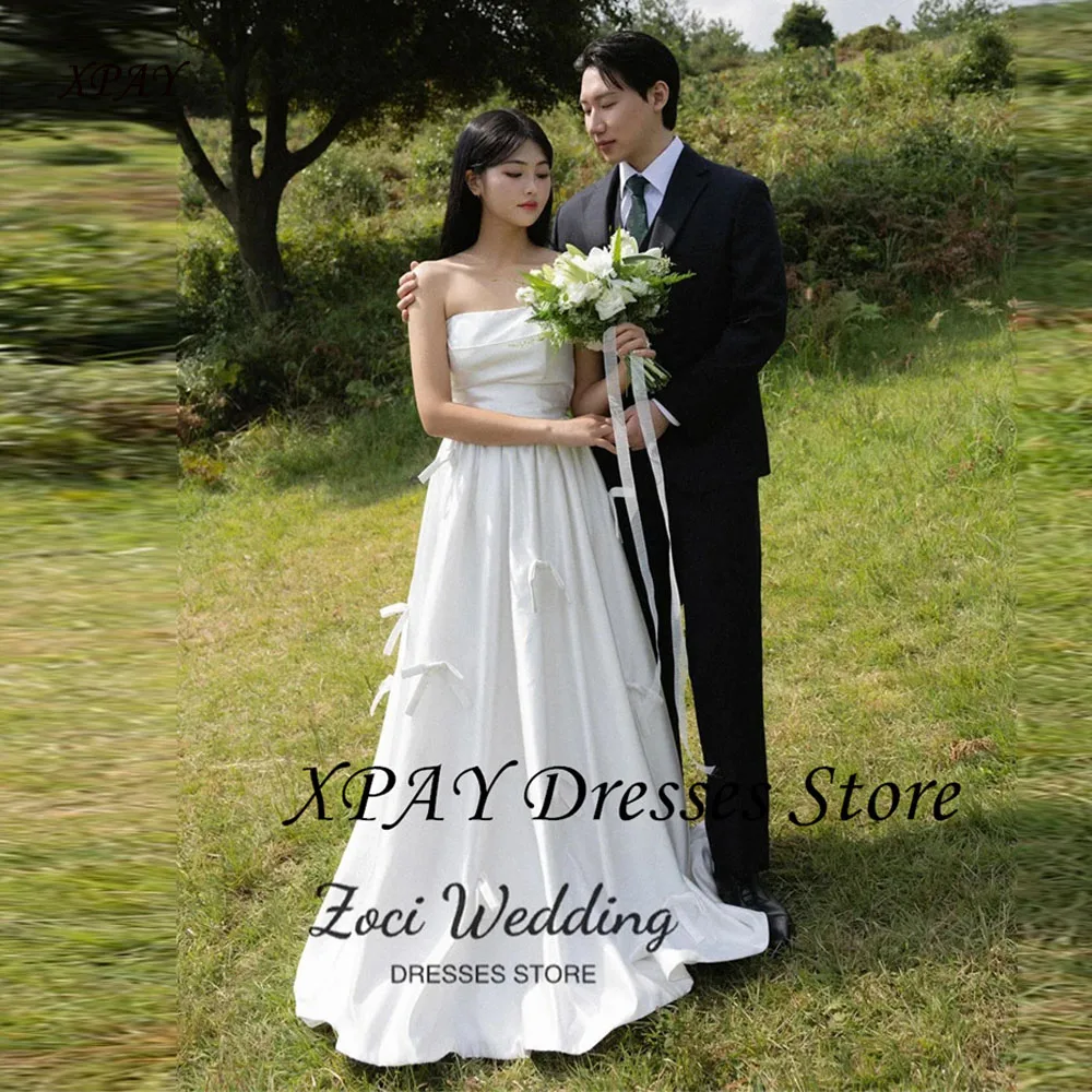 

XPAY Korea Simple Wedding Dresses Strapless A-line Bow Corset Reception Dresses Photo Shoot Bridal Gown Customized Lace-Up