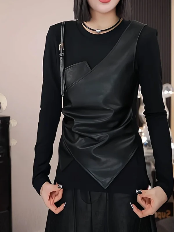 

plus Size Faionable Patchwork PU Belted T-irt Autumn Winter Design Unique Base irt Trendy Top Casual Sle Long Sve ...