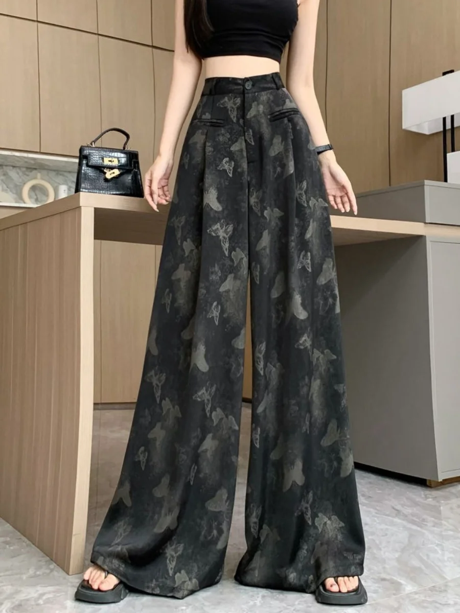 

Retro Wide Leg Pants Skirt Women's Summer New Thin Print Casual Pants Drapey Floor-Length Pants Commute Sle High ...