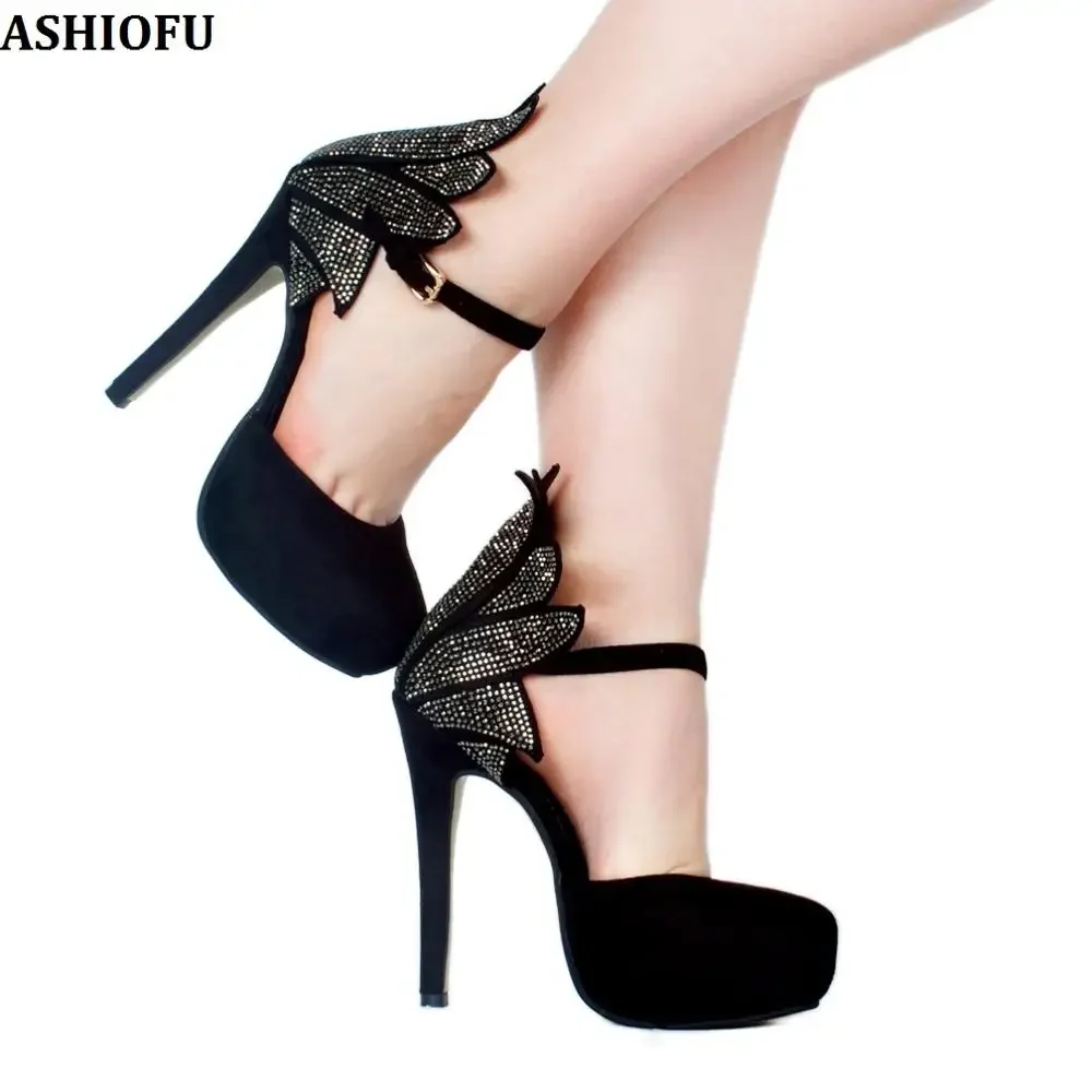 ASHIOFU Handmade New Hot Ladies High Heel Pumps Mary Janes Party Prom Dress Shoes Buckle Strap Sexy Fashion Evening Court Shoes