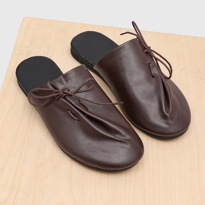 Lazy Style Pleated Baotou Men Half Slippers Summer New Soft  Comfortable Lace Up Decoration Commuting Lazy Couple Slippers