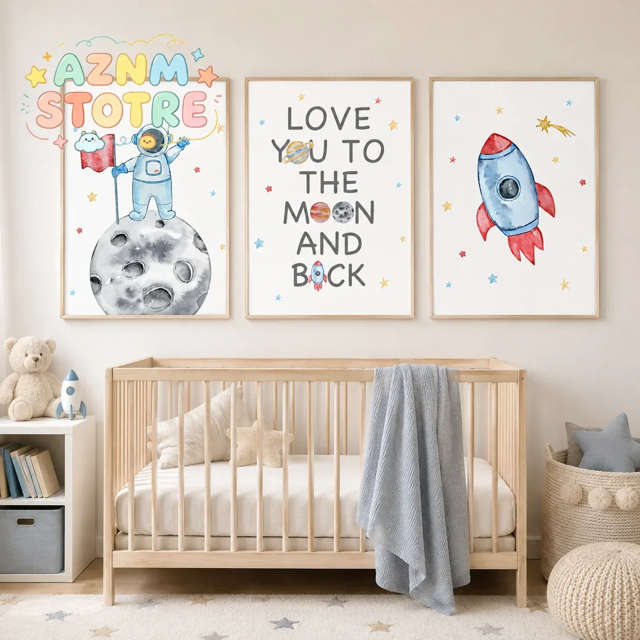 Nursery Wall Art Space Astronaut Quotes Canvas Painting Nordic Rocket Poster Print for Baby Boy Kids Bedroom Wall Decor