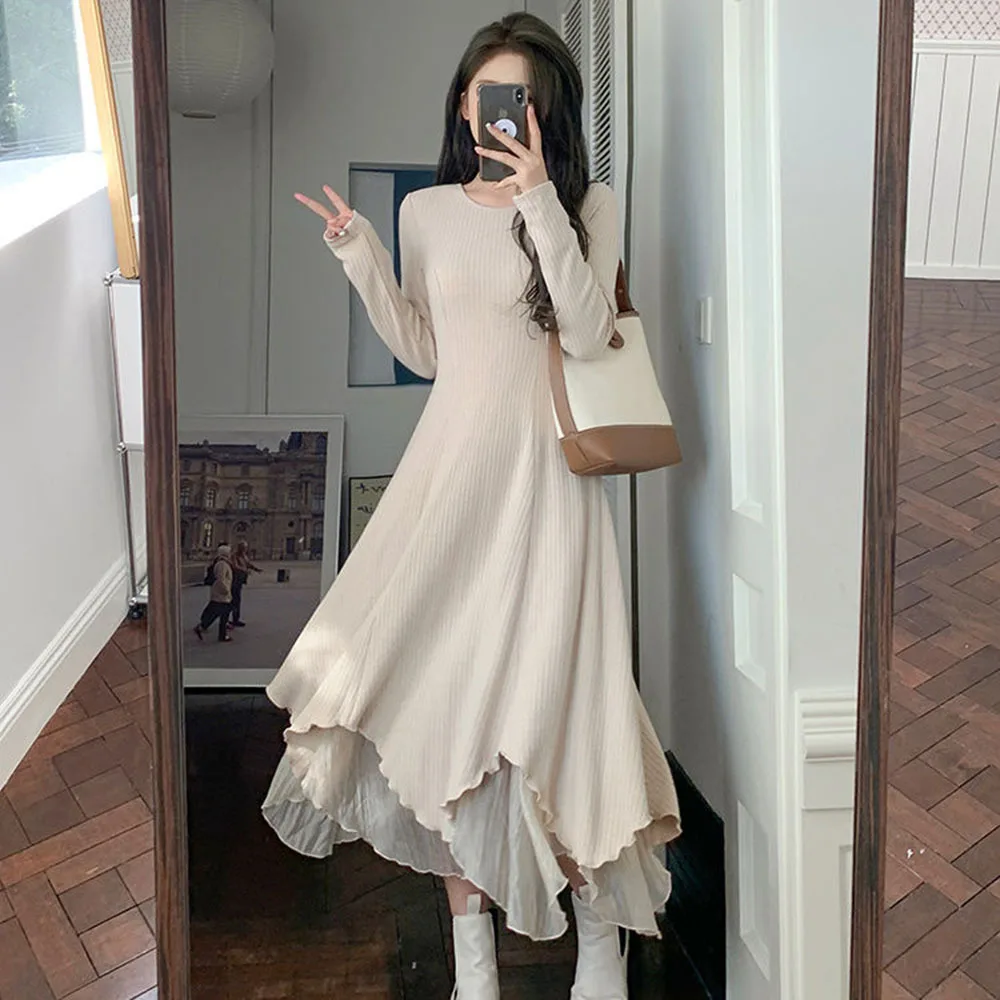 Autumn Winter Knitted Dress For Women Korean Fashion Mesh Patchwork Dresses Woman Elegant Irregular Long Sleeve Elastic Dress