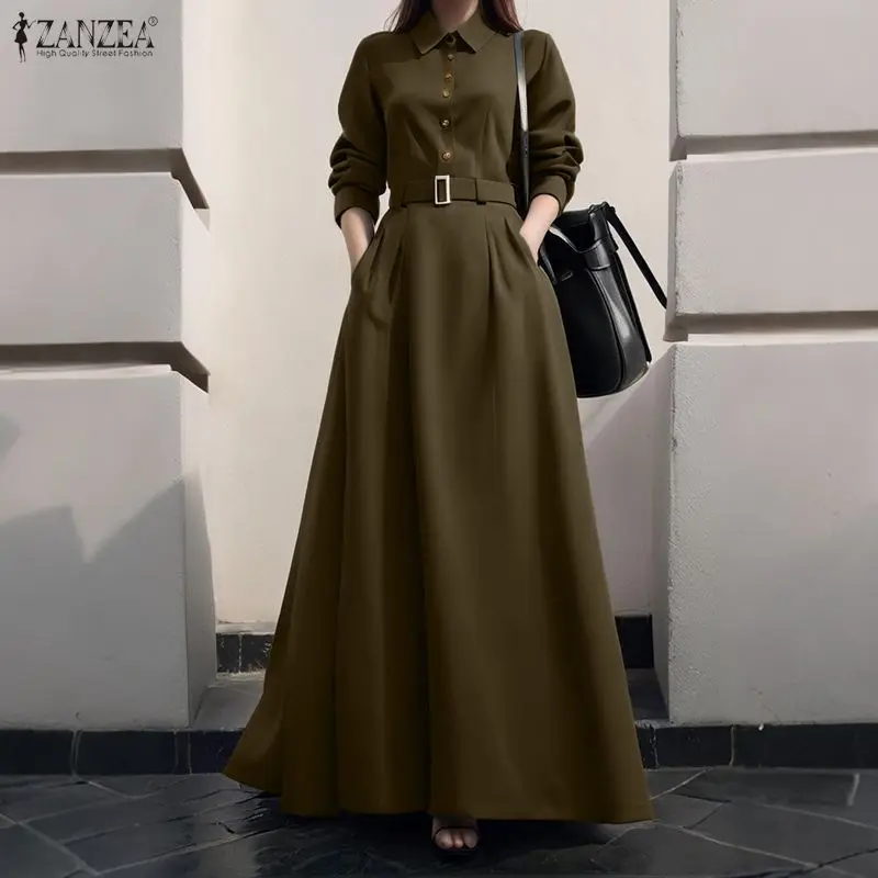 

ZANZEA Vintage Long Sleve Dresses For Women Lapel Buttons Solid Maxi Vestidos 2025 Autumn Casual Loose Belted Elegant Party Robe