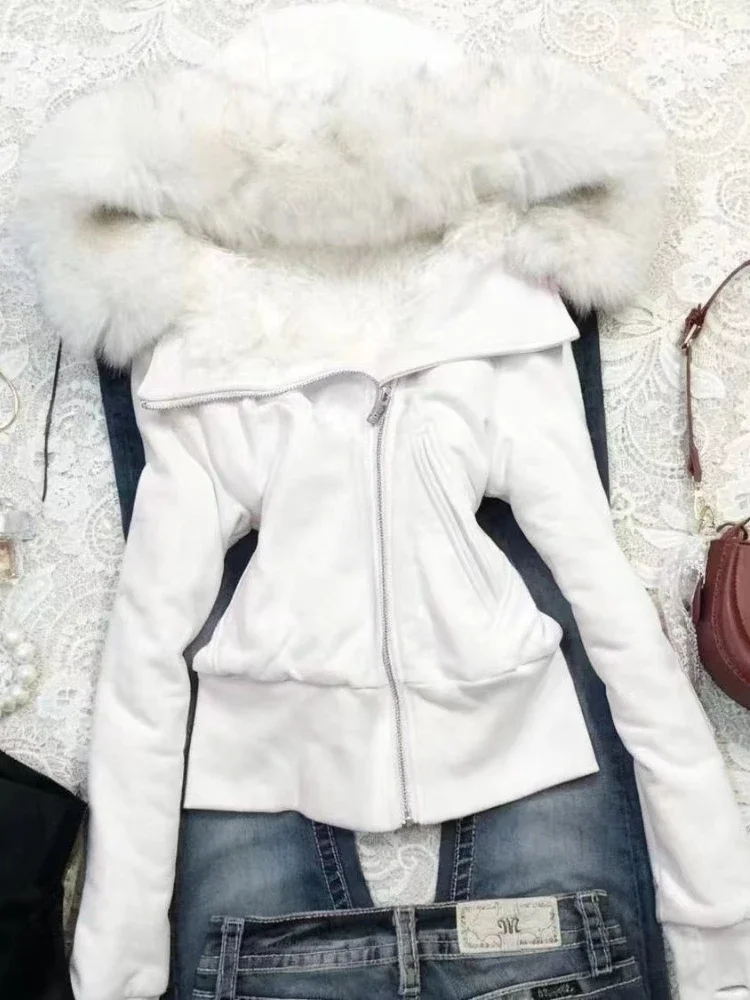 الشتاء الأمريكية الرجعية الصلبة مقنعين هوديي المرأة عارضة الأزياء فو الفراء زمم البلوز أنيقة خمر الشارع الشهير سترة جديدة #6