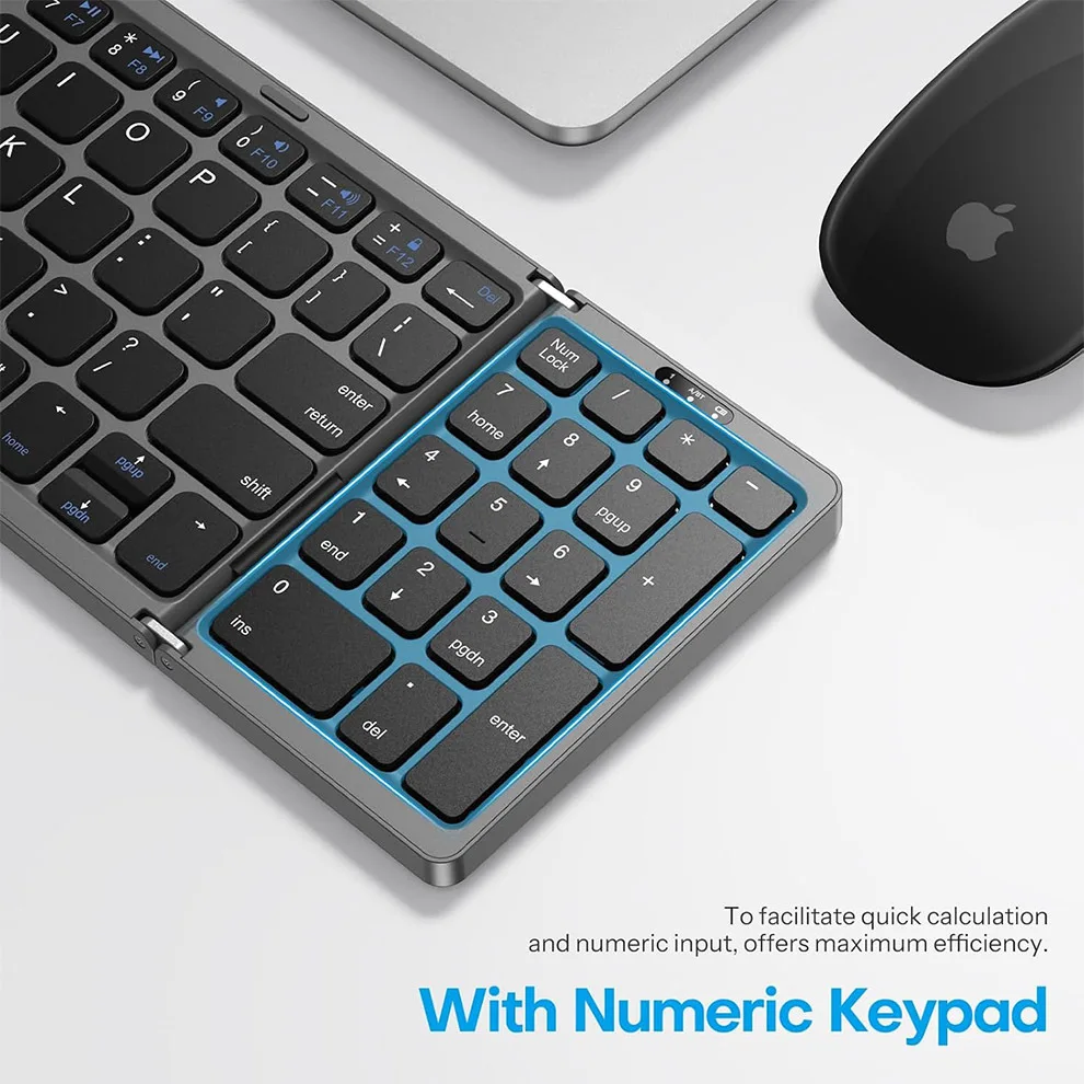 Teclado Bluetooth sem fio dobrável com almofada numérica, recarregável, multi-dispositivos, iPad, iPhone,Tablet