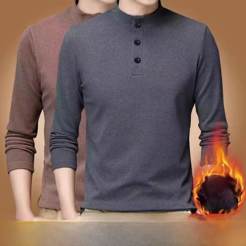 

Men's Long Sve Thermal Underwear Top Buttoned Velvet Slim Fit Collar Autumn Winter Base Layer irt Faionable Polyester ...