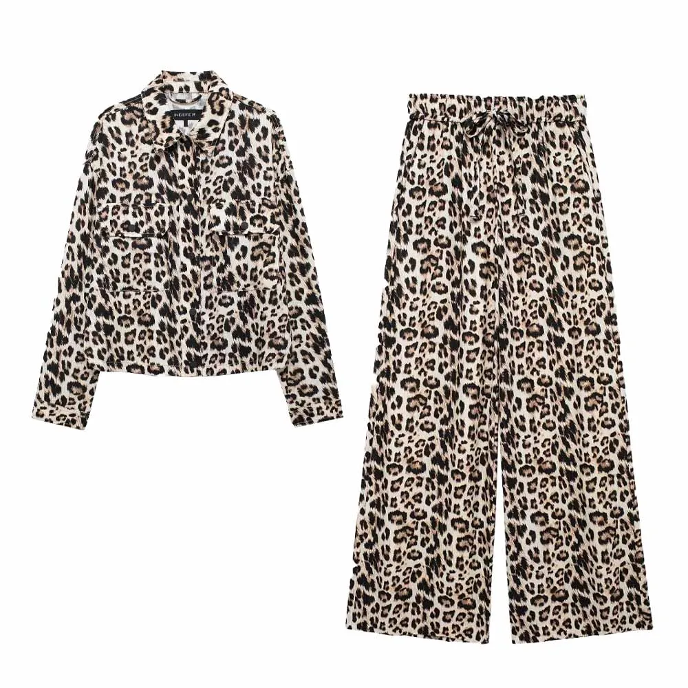 Anzug Damen 2-teilige 2024 Mode Retro Animal Print Mantel Hemd lang ärmel ige Frau hohe elastische Taille weites Bein Hosenanzug