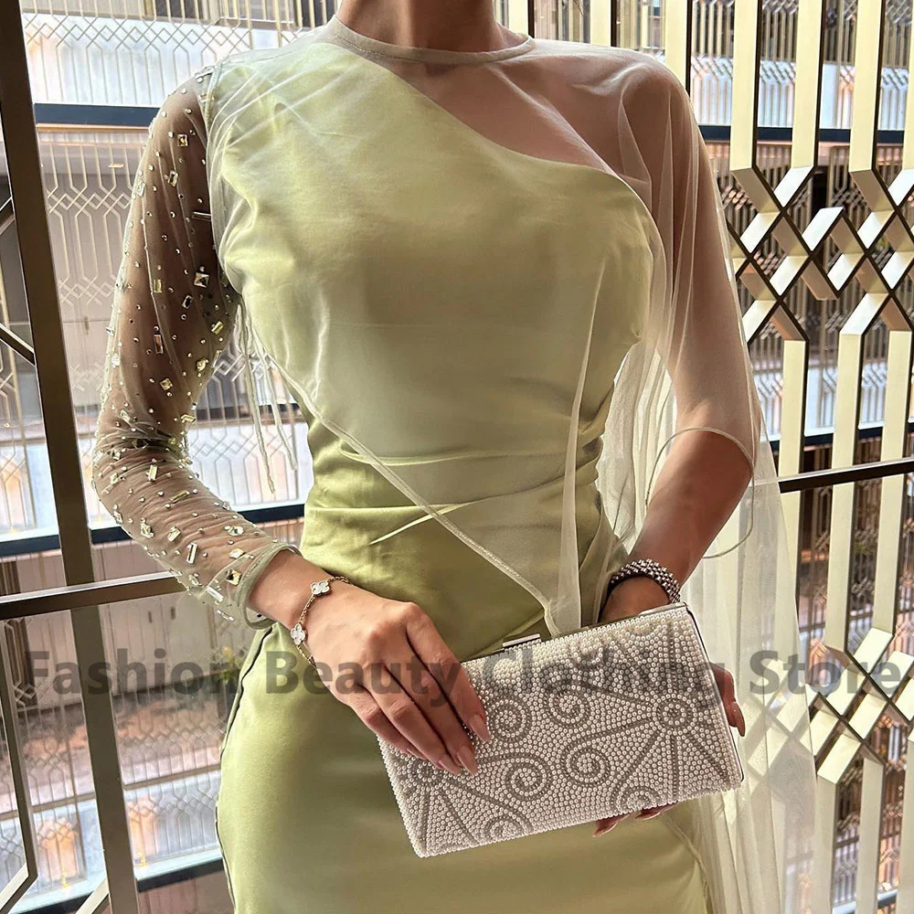 Mermaid Evening Gown One Shoulder Long Sleeve Tiered With Crystal Saudi Arabian Women's Party Dress Tea-Length Evening Dresses