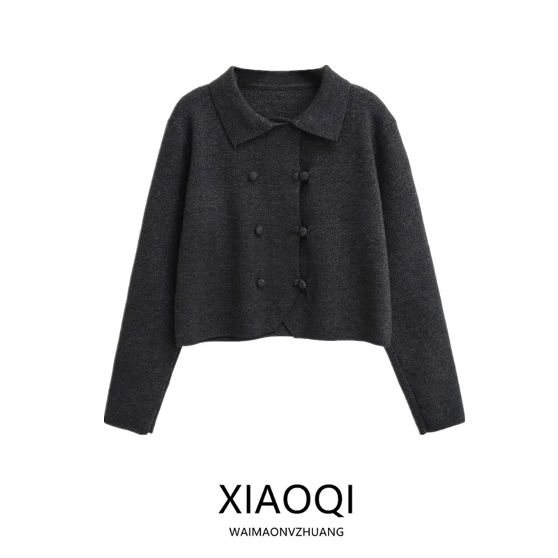 Novo Casaco de Malha F de Manga Longa com Gola e Botões Duplos para o Outono Inverno 2024, Estilo Cardigan de Crime...