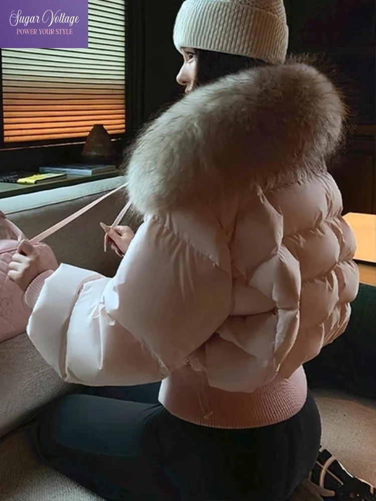 

Korean Fashion Pink Fur Collar Cotton Jacket Women Winter Thick Warm Padded Coat Loose Fit Outerwear Sweet Cool Style Streetwear