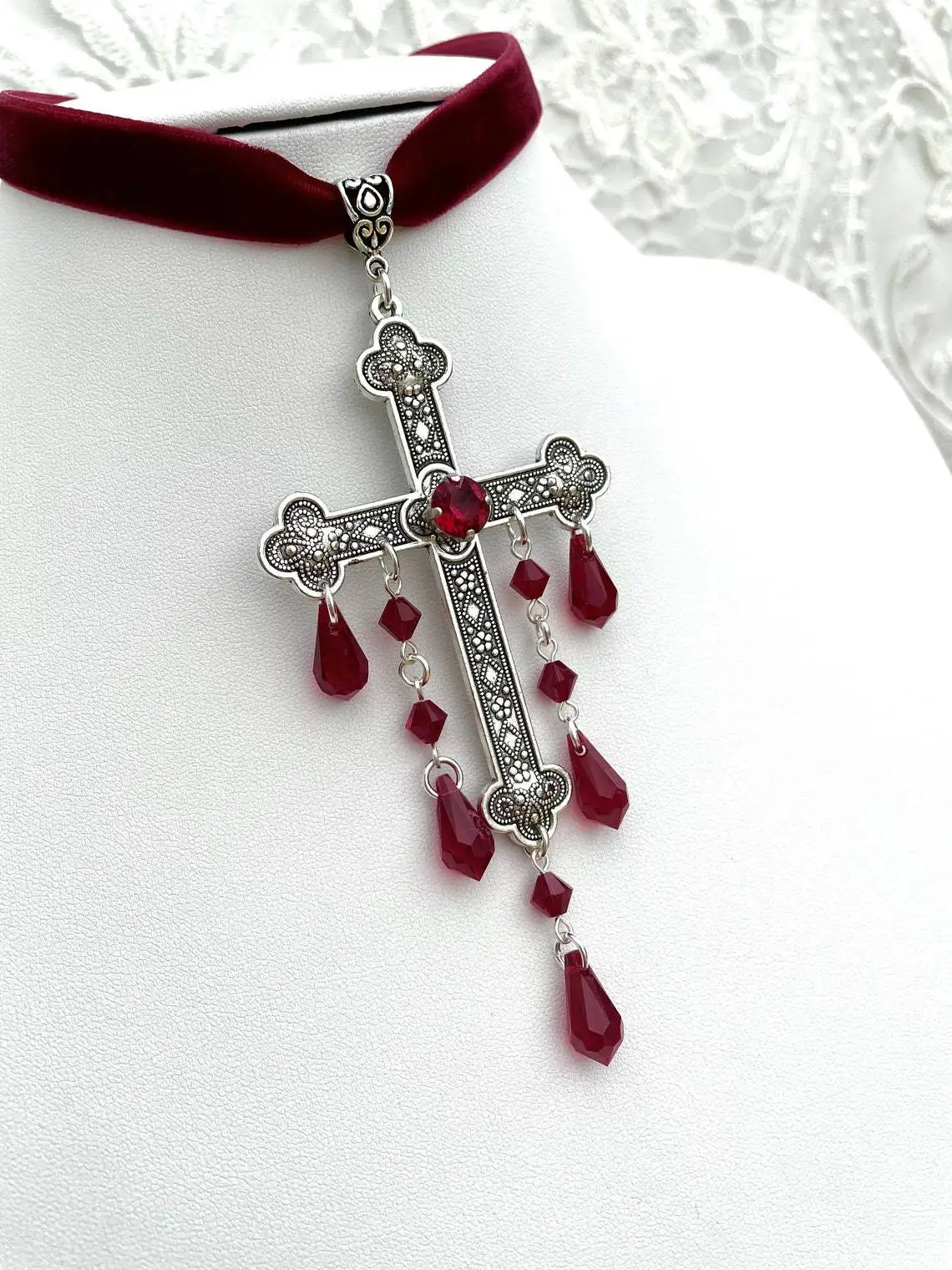 Vampire cross Choker, Red Blood Crystal, Vintage Cross, Velvet, Death Cross, Alternative Jewelry, Gothic, Black Devil, Mystery，