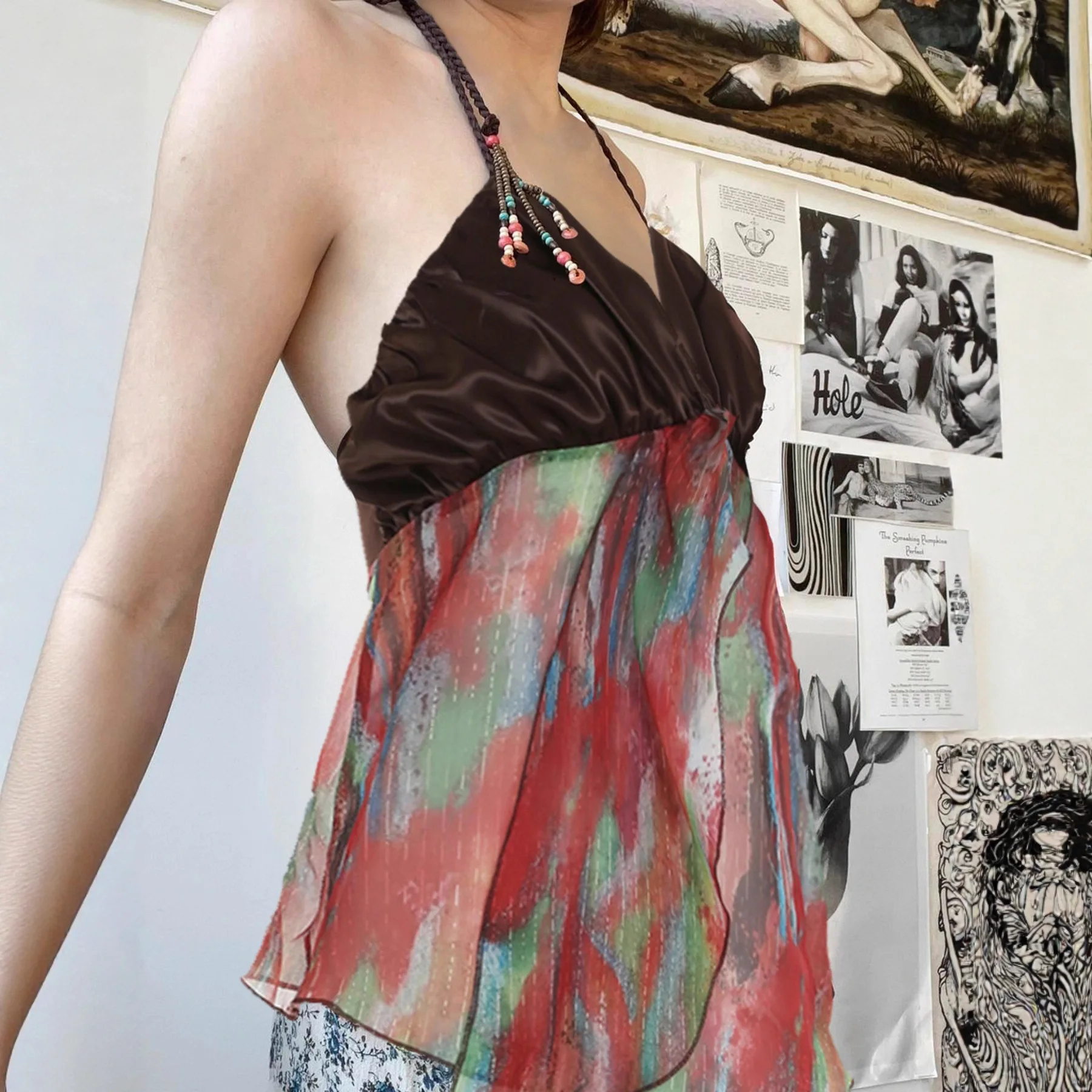 Gilet à bandoulière décoratif perlé, Sexy, taille haute, nœud amincissant, Design Neline, tricoté, haut d'été Ultra fin