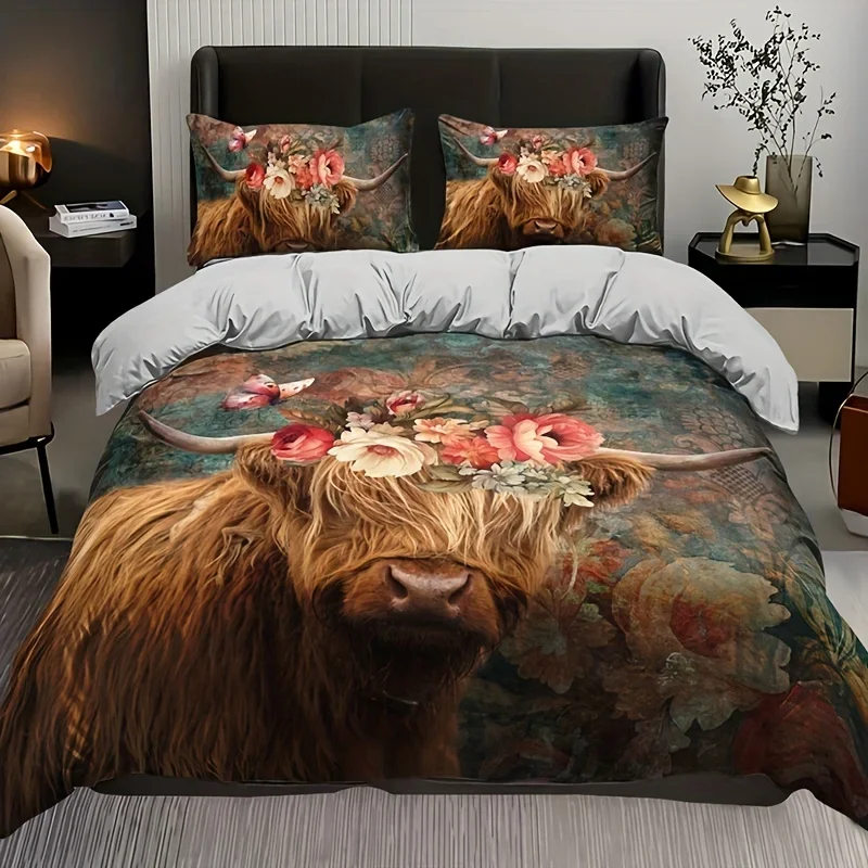 

3pcs Vintage Duvet Cover Set, Rustic Pastoral Style Highland Cow Pattern Bedding Set, Soft Comfortable Breathable Duvet Cover