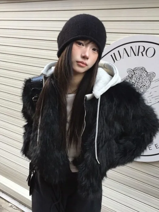 Korean Sweet Atmosphere Fur Jacket Women's Autumn Winter Knitted Splicing Warm Top Trendy Design Casual Style Zipper Sleeve