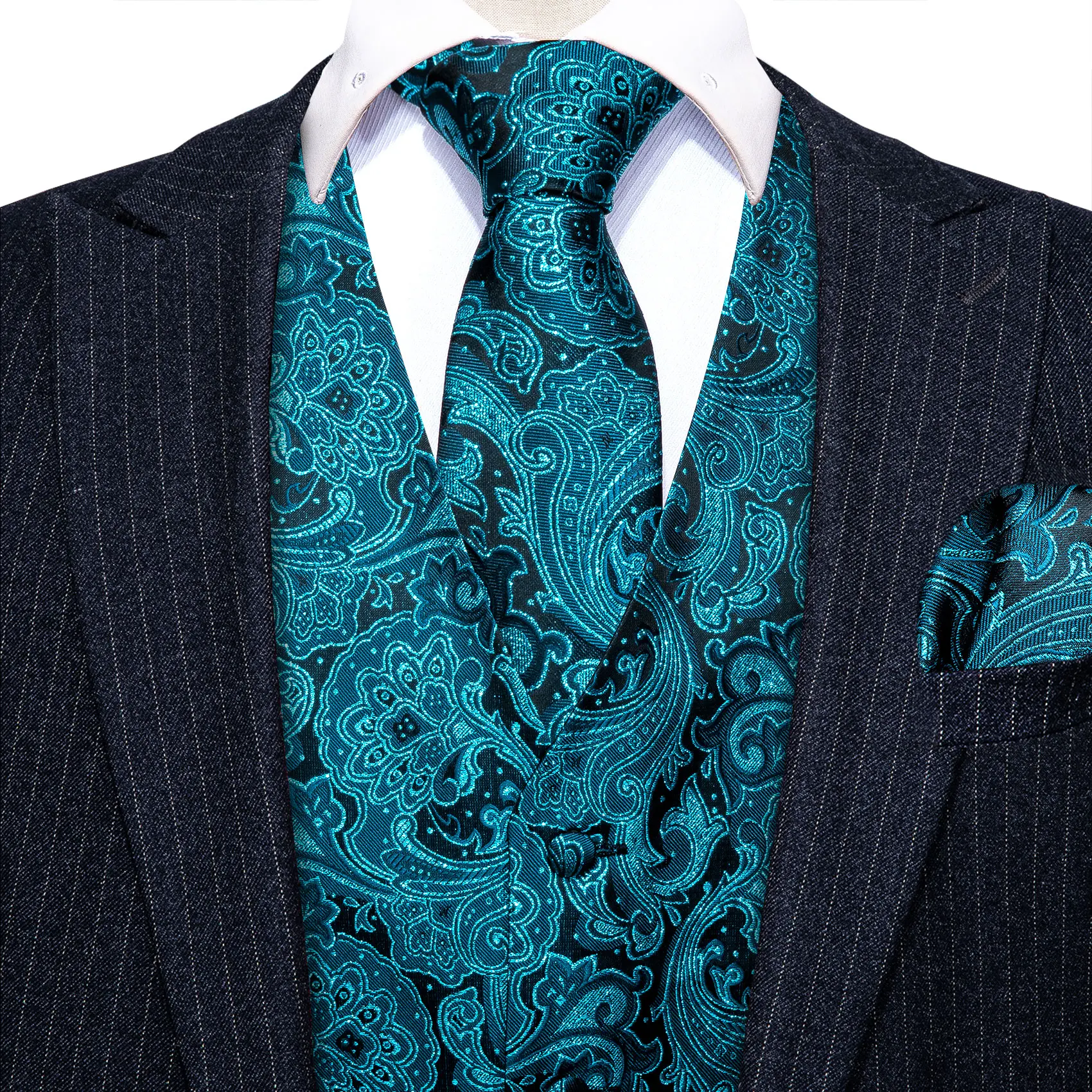 Elegant Mens Suit Vest Silk Green Teal Peacock Blue Turquoise Male Dresss Slim Fit Waistcoat Formal Jacket Gilet Barry Wang