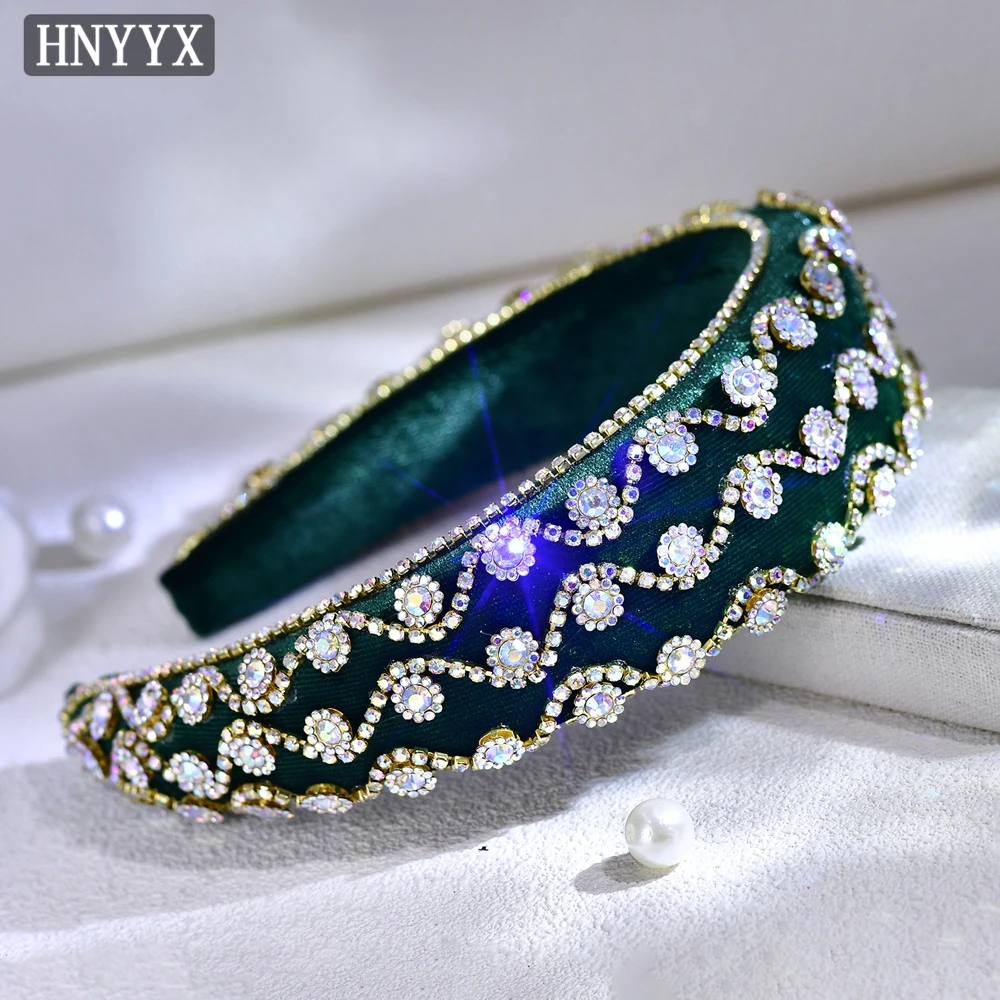 HNYYX Retro Green Velvet Headband Elegant Women Hair Accessories Sponge Thickened Headpiece Rhinestone Wide-Edge Hairband A251