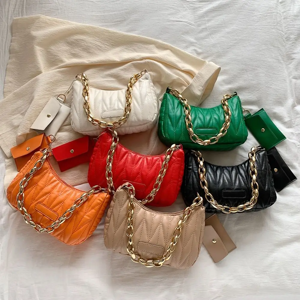 Bolsa Hobo Sling Dumpling com zíper e corrente para mulheres, cor sólida, grande capacidade, bolsa de ombro, mini couro PU, bolsa tiracolo para meninas