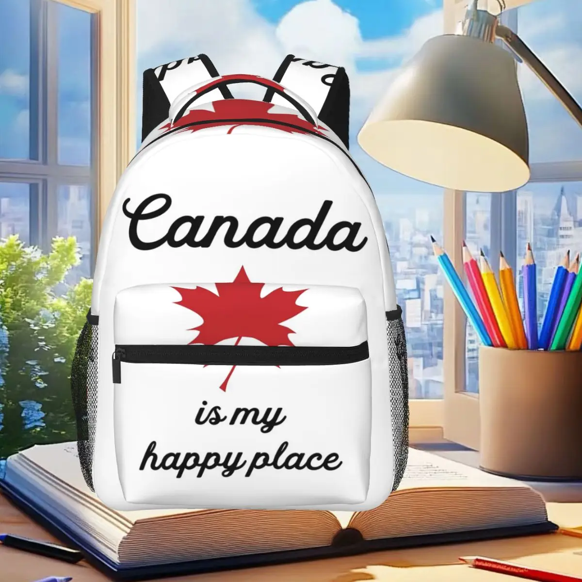 Maple Leaf Canada Canadian Is My Happy Place Backpack Student BookBag Kids School Bag Laptop Shoulder Bags for Men Women