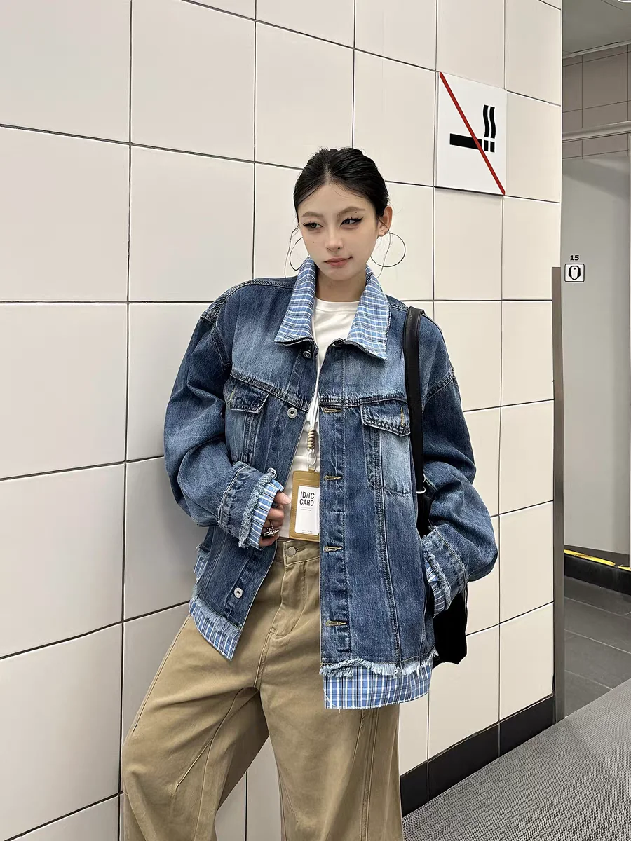 

Американский ретро-джинсовый жакет в клетку с эффектом двухслойности, свободный повседневный, осенне-зимний, новый, универсальный