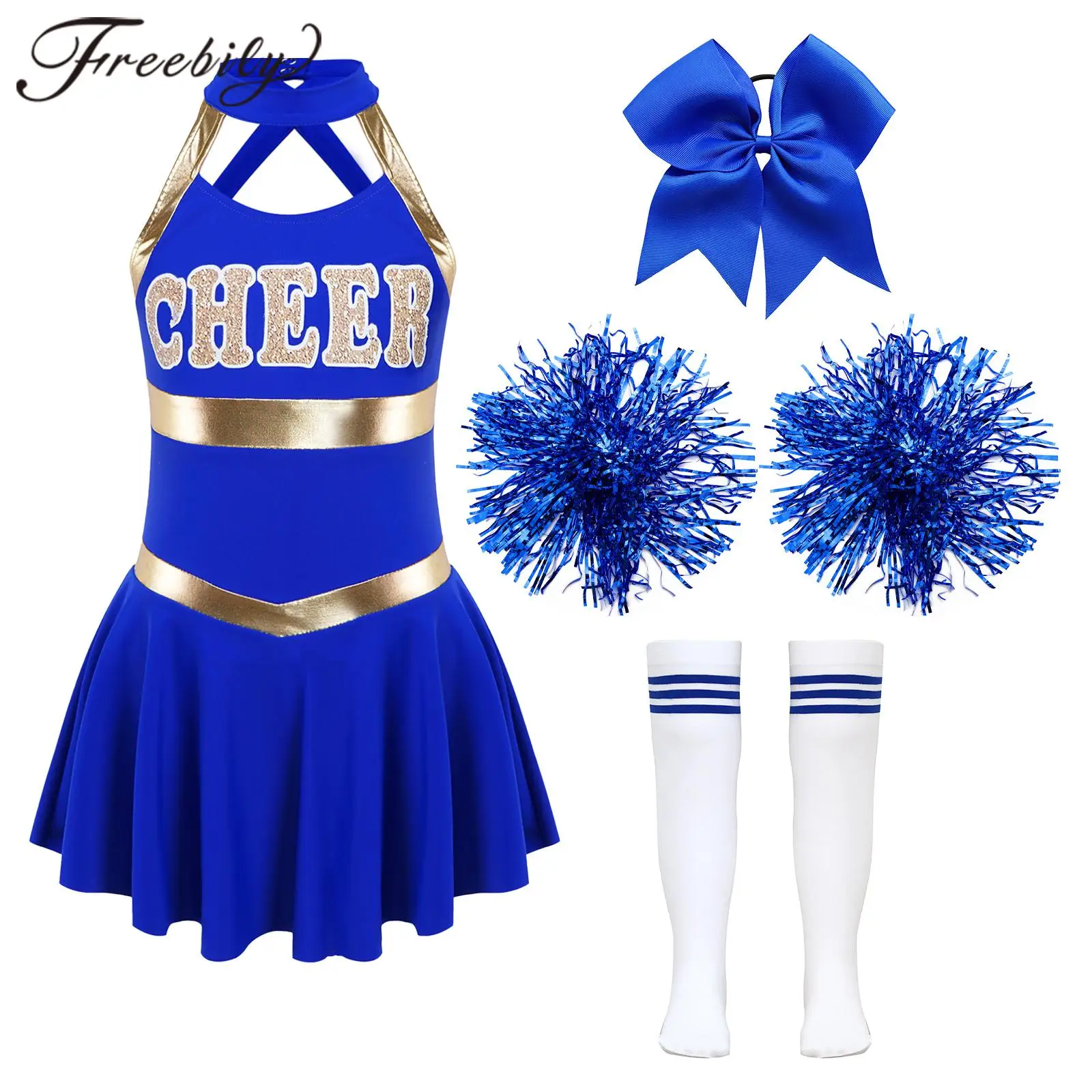 Kids Girls Cheerleading Costumes Childs Sleeveless Dress Hand Flowers Striped Socks Dancewear Sets Schoolgirl Cheer Dance Suits