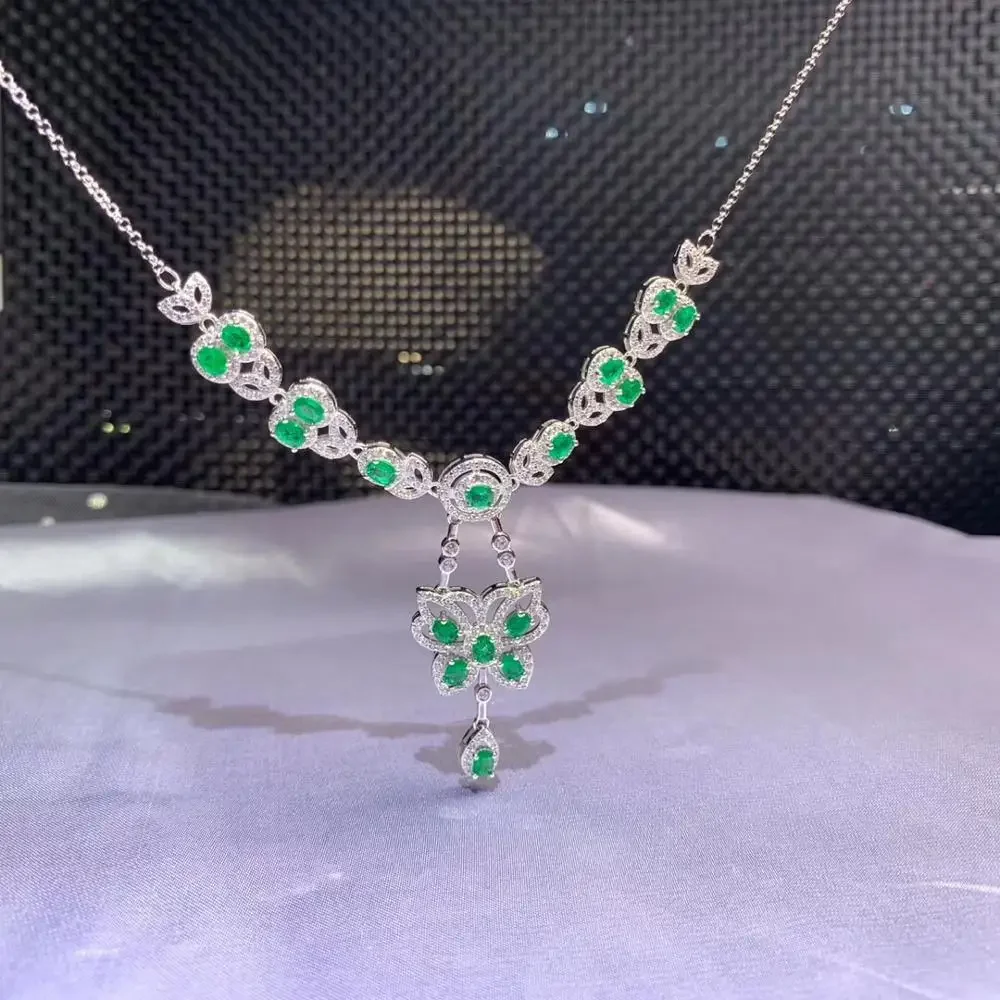 Luxe Elegante Stijl Groene Natural emerald Edelsteen Ketting Voor Vrouwen Zilveren Sieraden Verjaardag Party Ornament